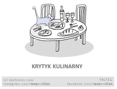 Rysunkowy kot stoi na stole i patrzy w talerz