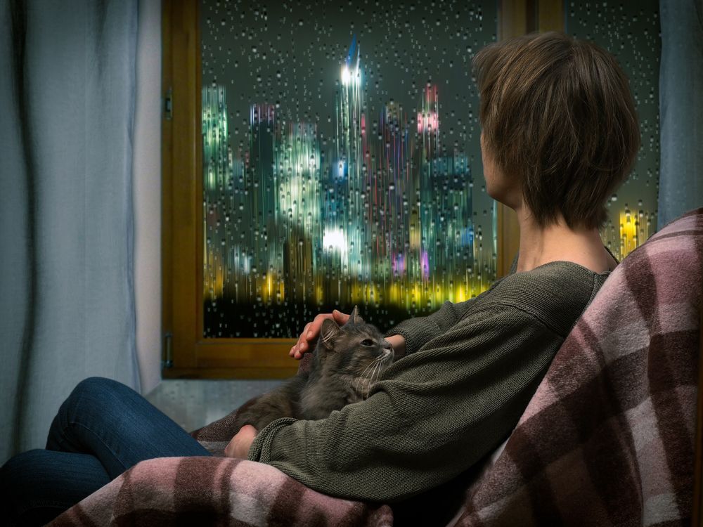 kobieta tyli kota, pada deszcz