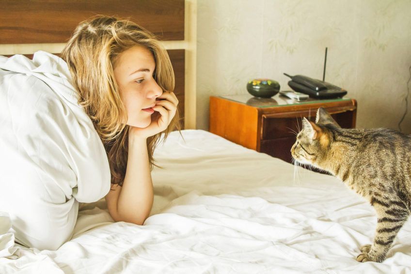 Kot i dziewczyna patrzą na siebie